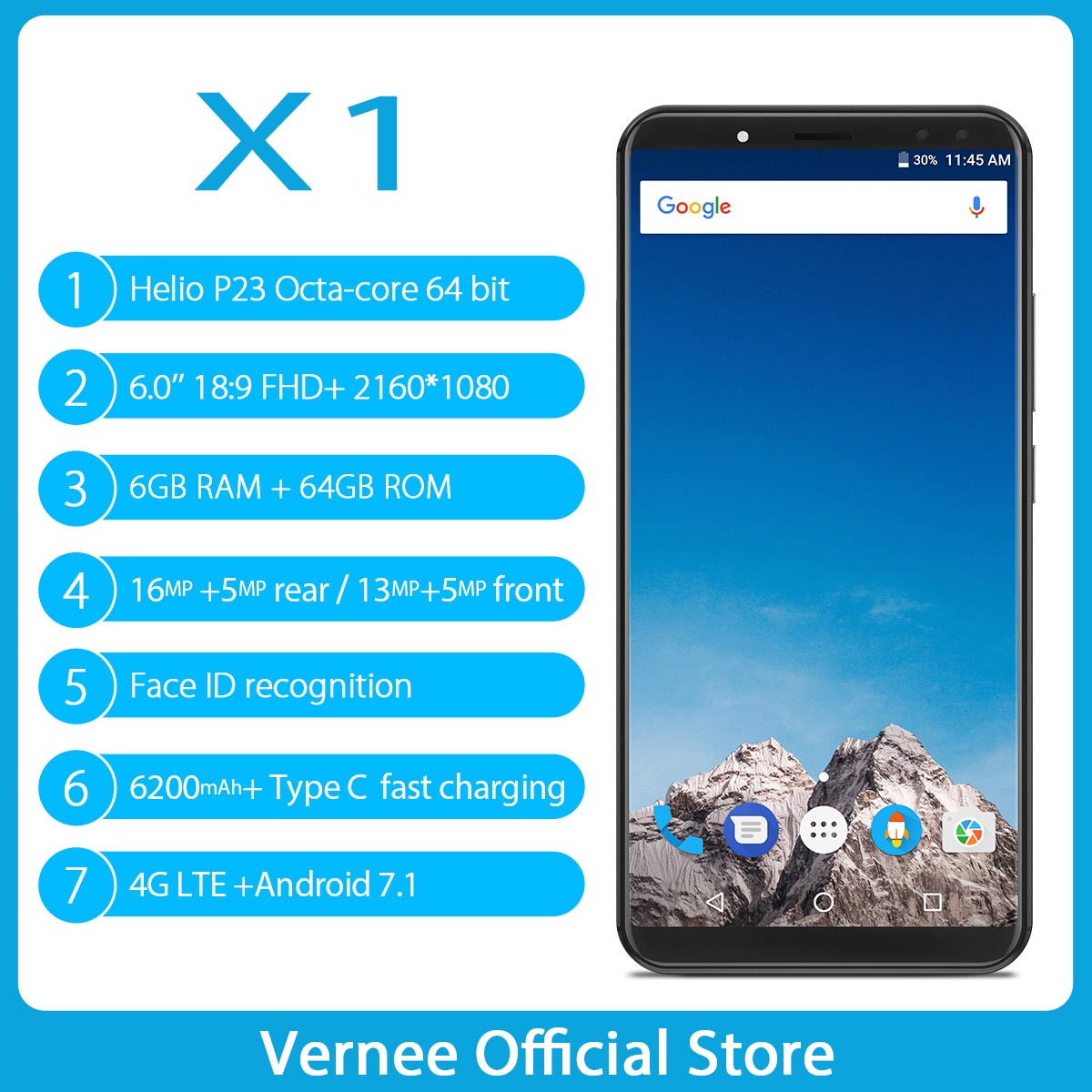 （香港）Vernee X1 5.99寸 黑色 6+64G 6763 1.5GHZ 八核标配+保护膜