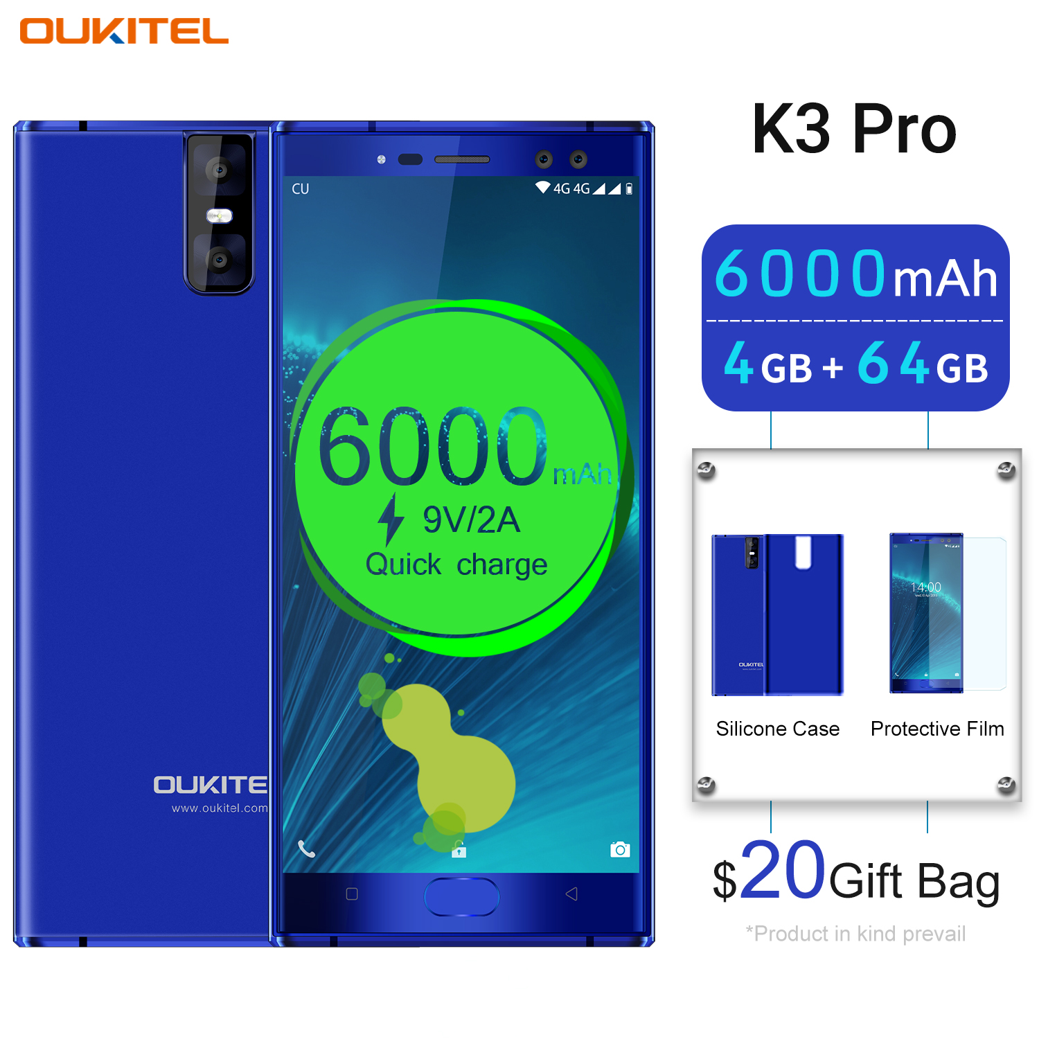 （FX）oukitel欧奇K3 pro 5.5寸 蓝色 4+64G MT6763 2.0GHZ 八核标配