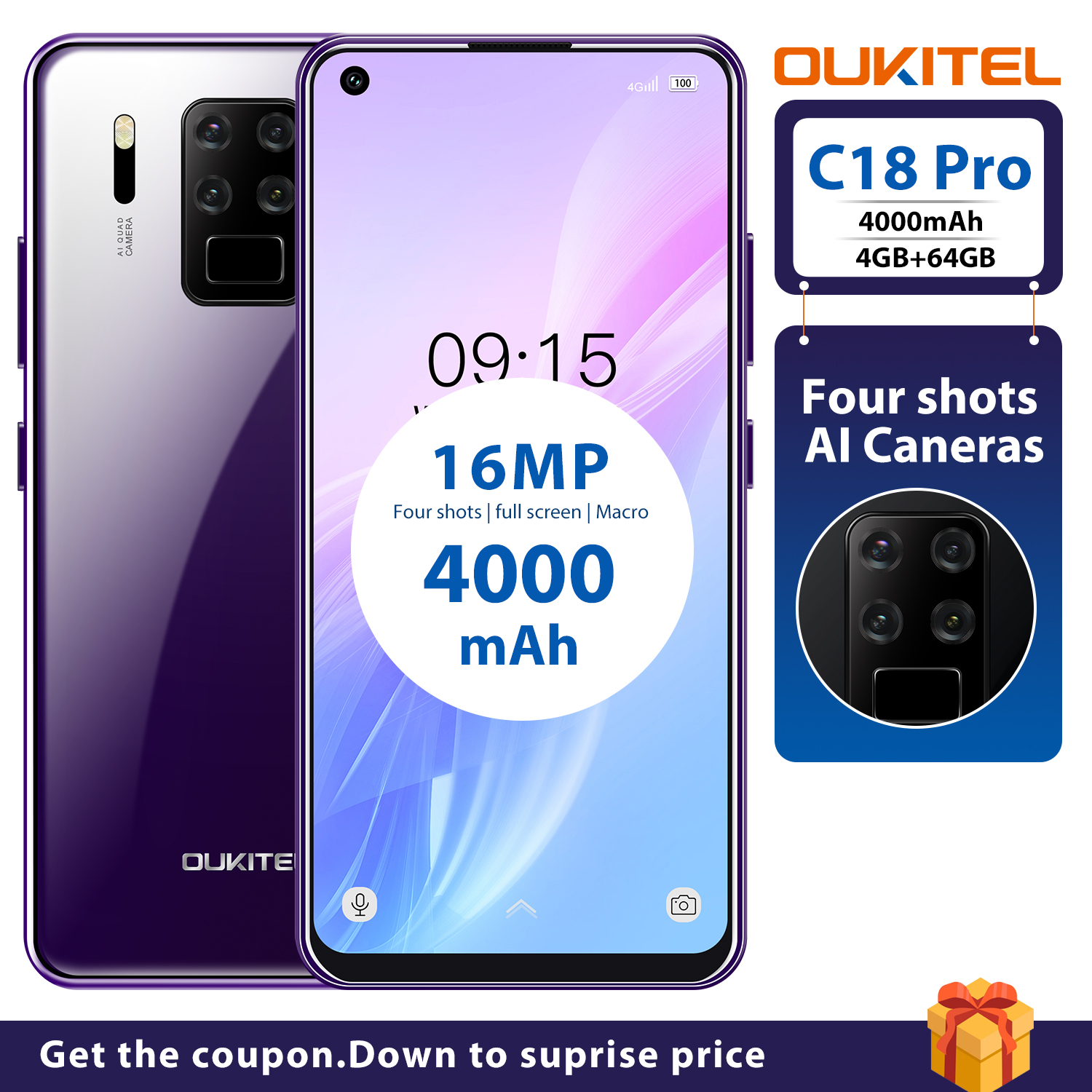 （B3） oukitel欧奇 C18 Pro  紫色  6.55寸  4+64G MTK 6757 2.3GHZ 四核标配