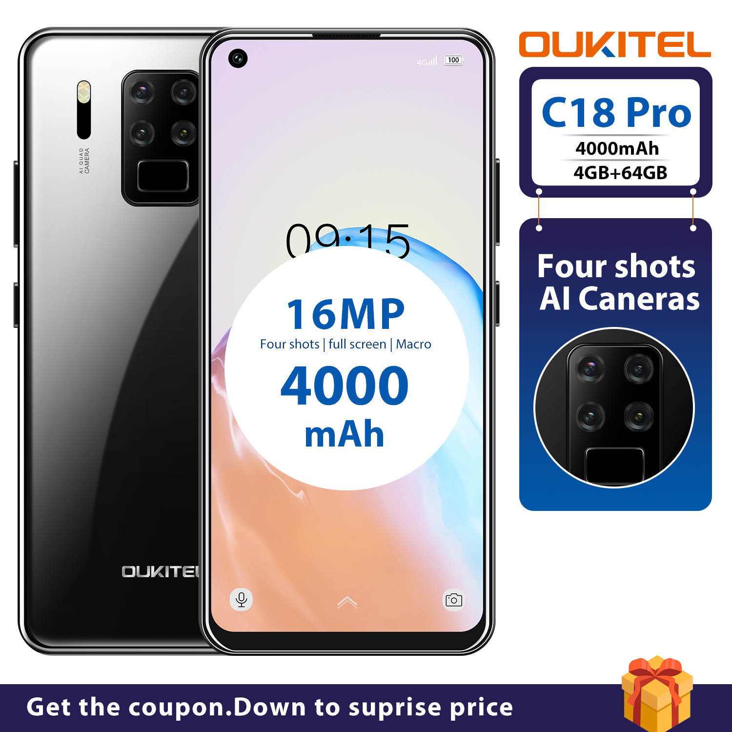 （SP） oukitel欧奇 C18 Pro  黑色  6.55寸  4+64G MTK 6757 2.3GHZ 四核标配