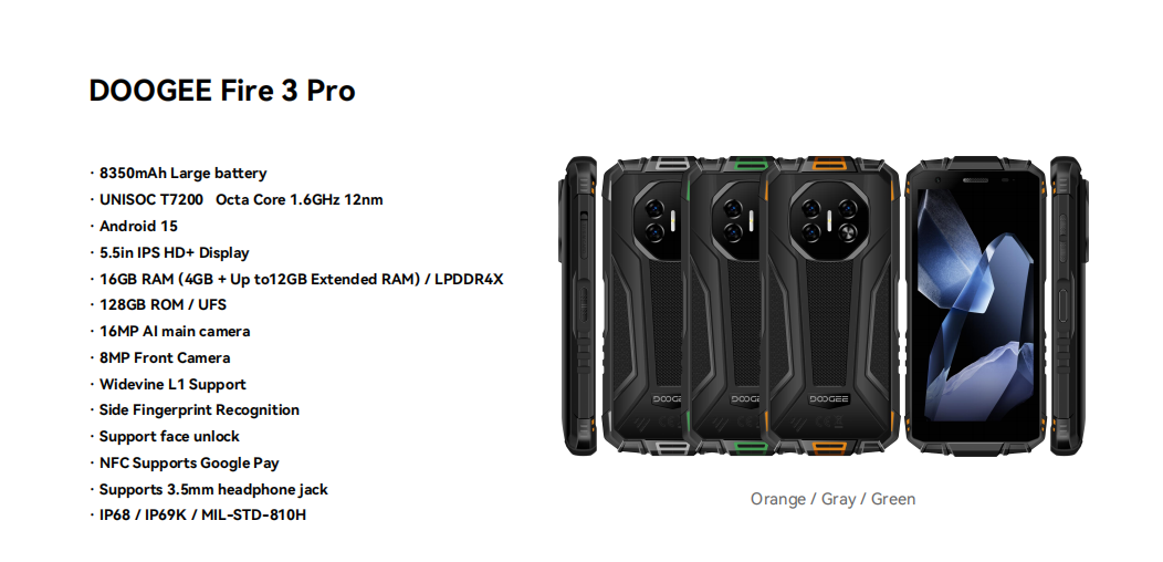（香港）道格Doogee Fire 3 Pro 5.5寸 橙色 4+12+128GB  T606 1.6GHz 标配