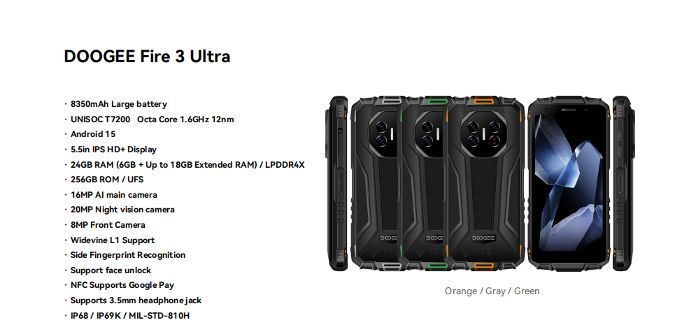 （香港）道格Doogee Fire 3 Ultra 5.5寸 橙色 6+18+256GB UNISOC  T7200(T606) 1.6GHz 标配