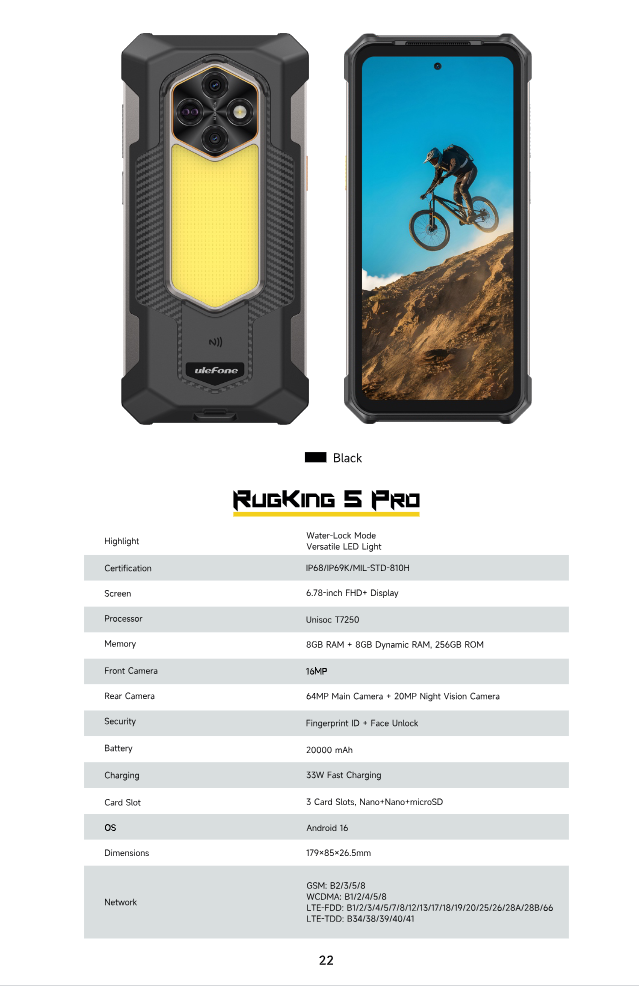 （FX欧盟）欧乐风 RugKing 5 pro 6.78寸 黑色 8+256GB Unisoc T7250 1.8GHz  八核标配 