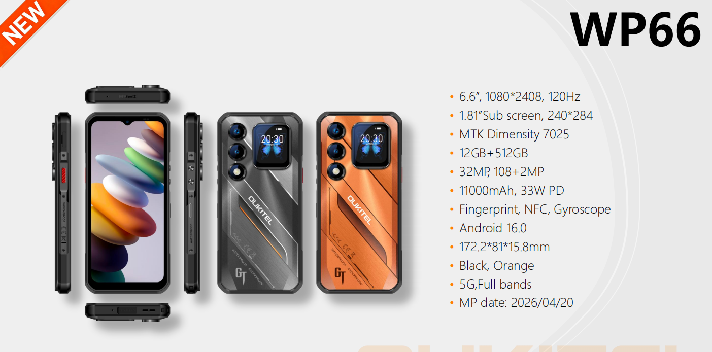 （香港）oukitel欧奇 WP66 6.6寸 黑色 12+512G Dimensity 7025 2.5GHZ 八核标配