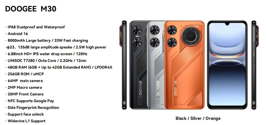 （FX）道格Doogee M30 6.88寸 黑色 6+256 T7280  2.2GHz 八核标配