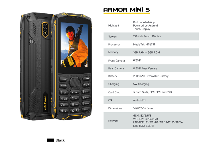 （FX非欧-不带充头）欧乐风 Armor Mini 5 2.8寸 黑色 1+8GB MT6739